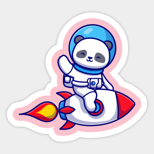 Cute Panda Astronaut Riding Rocket And Waving Hand Cartoon Sticker